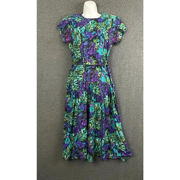 VTG Luci Pellini Tropical Floral Print Dress Sz 10 Regular 80's Belted Women's - Picture 13 of 14